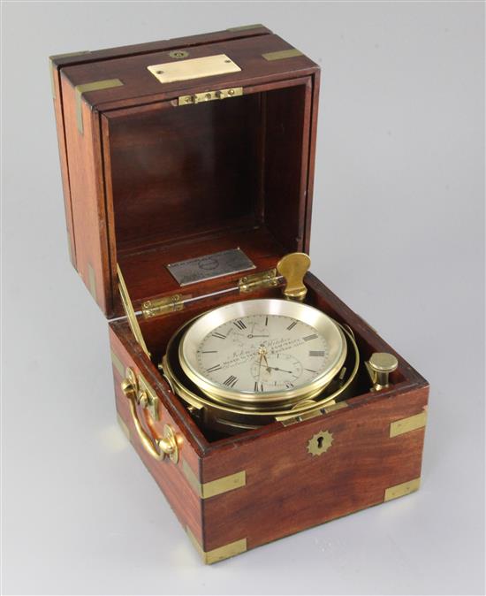 John Fletcher of London. A late 19th century brass mounted mahogany 2½ days ships marine chronometer, 7in.